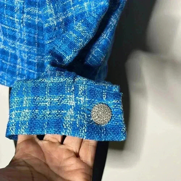 Zara Bright Blue Tweed Strictures Cropped Jacket with Rhinestone Buttons Size XS - Picture 7 of 9
